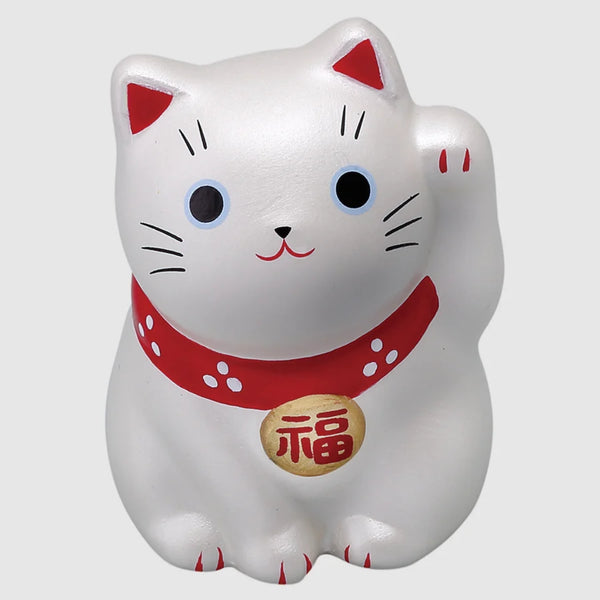Handmade Japanese Maneki Neko Lucky Cat Small Ceramic Figurine Silver 2.2"