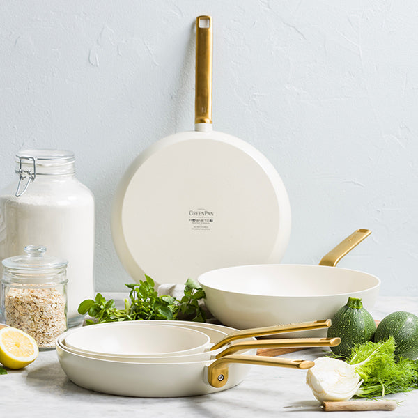 Lot 2 poêles 24 et 28 cm et wok 28 cm aluminium antiadhésif crème Evolution Green pan - Mathon - 2