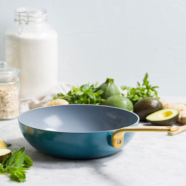 Lot 2 poêles 24 et 28 cm et wok 28 cm aluminium antiadhésif bleu Evolution Green pan - Mathon - 3