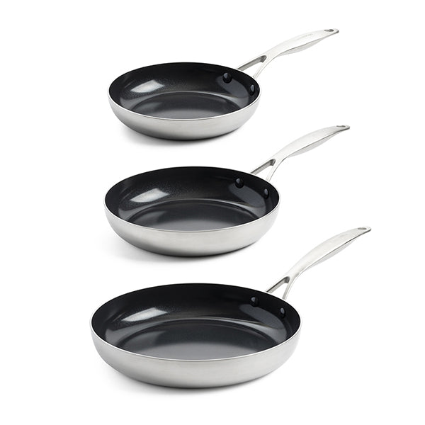 Lot 3 poêles antiadhésives en inox 20, 24 et 28 cm Geneva Green pan - Mathon - 1