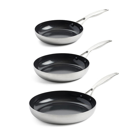 Lot 3 poêles antiadhésives en inox 20, 24 et 28 cm Geneva Green pan - Mathon - 1