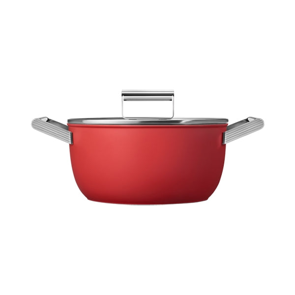 Faitout bas aluminium antiadhésif 24 cm rouge mat avec couvercle verre trempé Smeg - Mathon - 2