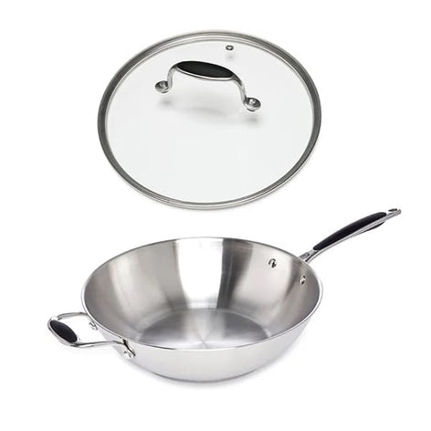 Lot wok tout inox et couvercle verre 30 cm Excell
