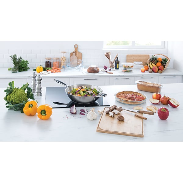 Lot wok tout inox et couvercle verre 30 cm Excell