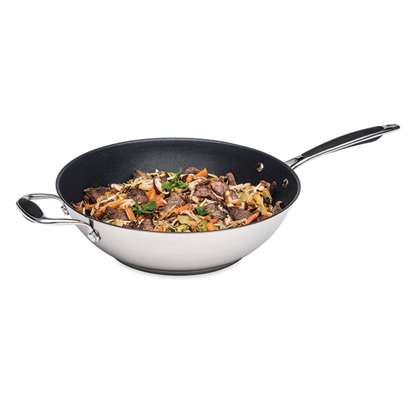 Lot wok inox antiadhérent et couvercle verre 30 cm Excell