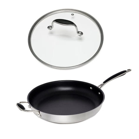 Lot poêle inox antiadhérent et couvercle verre 32 cm Excell