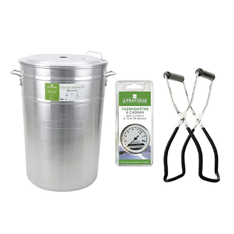 Lot cuiseur 90 L 24 bocaux avec thermomètre à cadran et pince à bocal - Mathon - 1