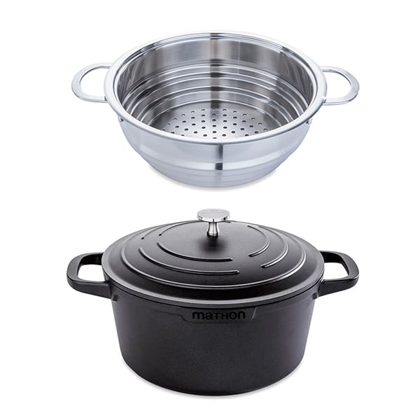 Lot cocotte légère ronde fonte aluminium 24 cm 4,5 L et panier vapeur multidiamètre Mathon - Mathon - 1