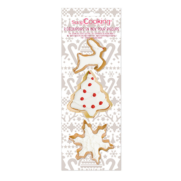 Set de 3 emporte-pièces dorés flocon, sapin et renne Scrapcooking - Mathon - 1