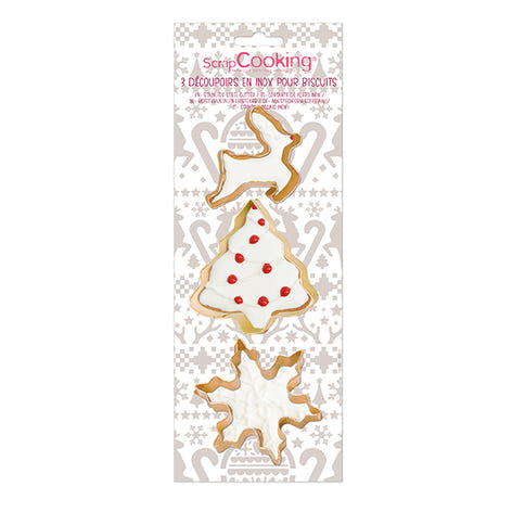 Set de 3 emporte-pièces dorés flocon, sapin et renne Scrapcooking - Mathon - 1