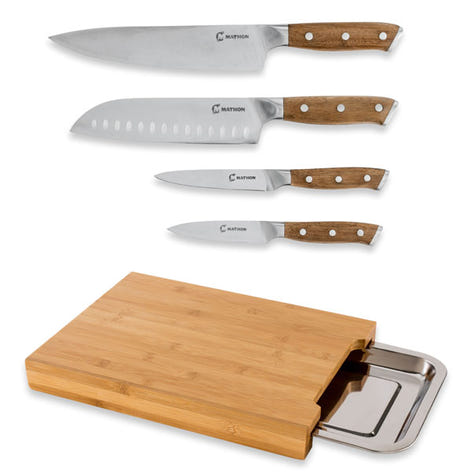 Lot planche à découper bambou et 4 couteaux bois d