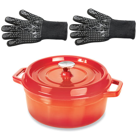 Lot cocotte en fonte ronde orange 28 cm 5,6 L et 2 gants anti-chaleur grand modèle (taille 10) Mathon - Mathon - 1
