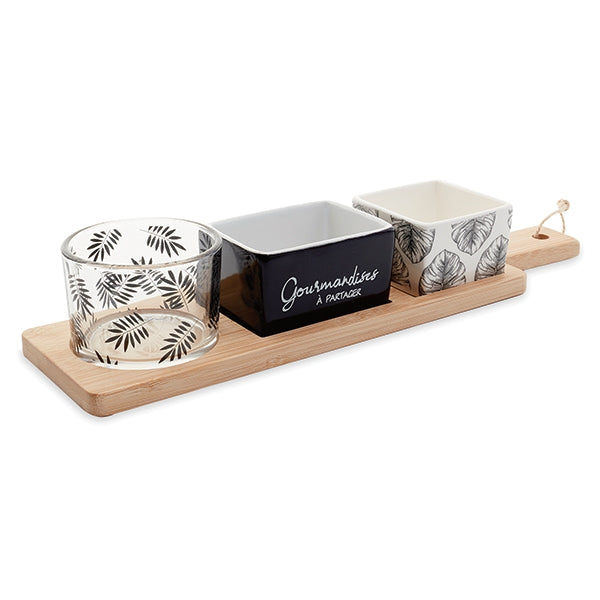 Service apéritif plateau bambou 31 cm avec 3 coupelles porcelaine et verre motifs fougères Mathon - Mathon - 1