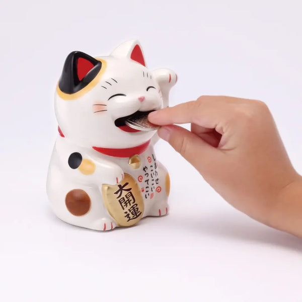 Handmade Japanese Maneki Neko Happy Lucky Cat Ceramic Coin Bank 4.3"